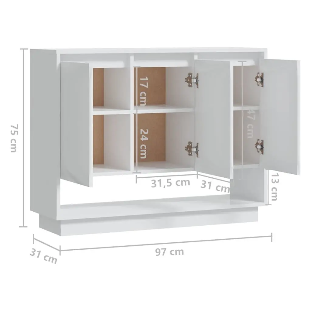 Sideboard High Gloss White Storage Cabinet 3 Doors Open Compartment Living Room 97W x 31D x 75H cm