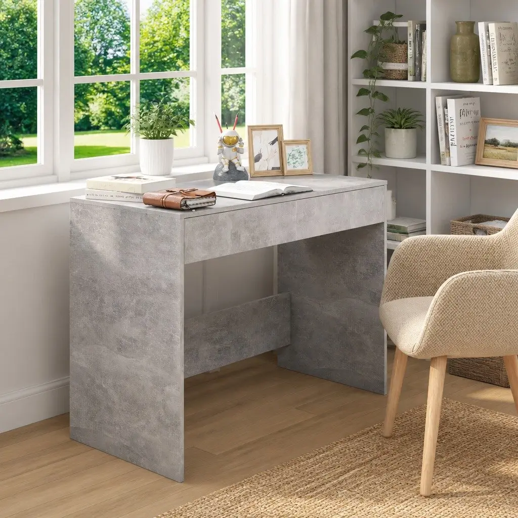 Concrete Grey Desk with Spacious Surface and Drawers