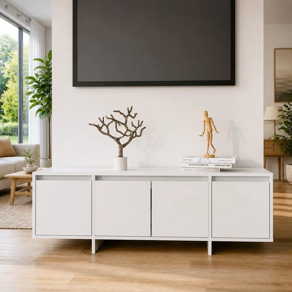 TV Cabinet White 4 Door Storage Unit Living Room Lowboard Furniture 120cm
