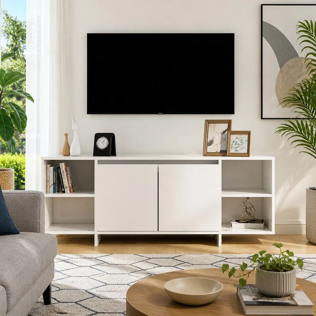 TV Cabinet Storage Lowboard 130x35x50cm White High Gloss Entertainment Unit