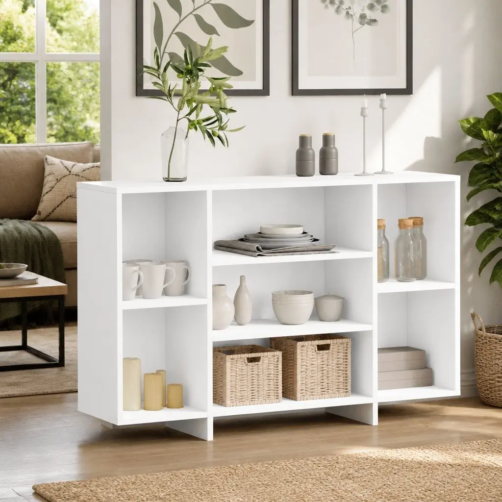 White Sideboard with Shelves Modern Storage Cabinet Engineered Wood Buffet
