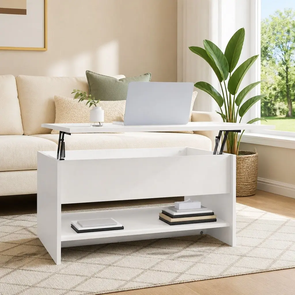 Coffee Table Lift Top Storage Compartment White High Gloss Modern 80L x 50W x 40H cm