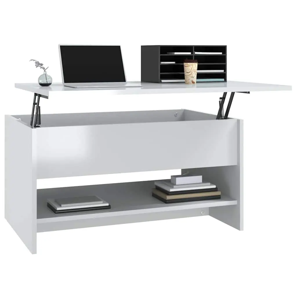 Coffee Table Lift Top Storage Compartment White High Gloss Modern 80L x 50W x 40H cm