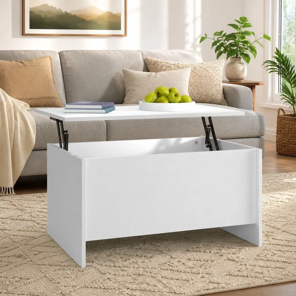 Coffee Table White Lift-Top Design Storage Compartment Living Room Furniture
