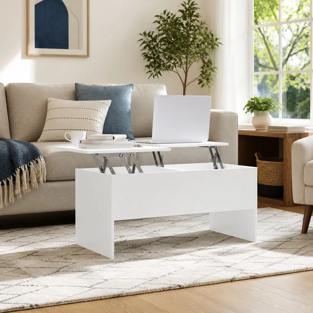 Coffee Table White Engineered Wood Lift Top Storage Compartments Modern Design