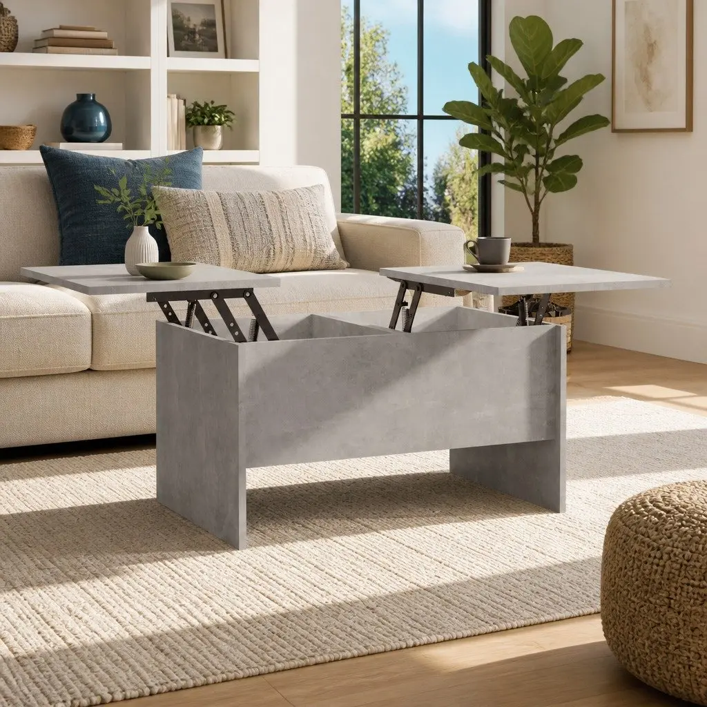Coffee Table Grey Engineered Wood Adjustable Liftable Top Hidden Storage Compartments