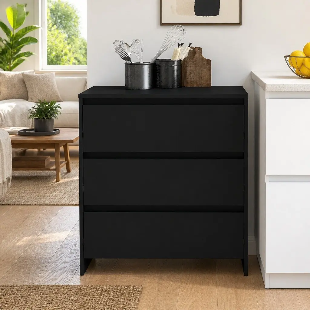 Sideboard Cabinet Storage 3 Drawer Black Engineered Wood