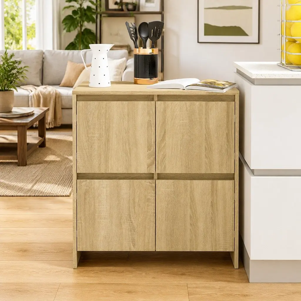 Sideboard Storage Cabinet 4 Doors Brown Engineered Wood Minimalist Furniture