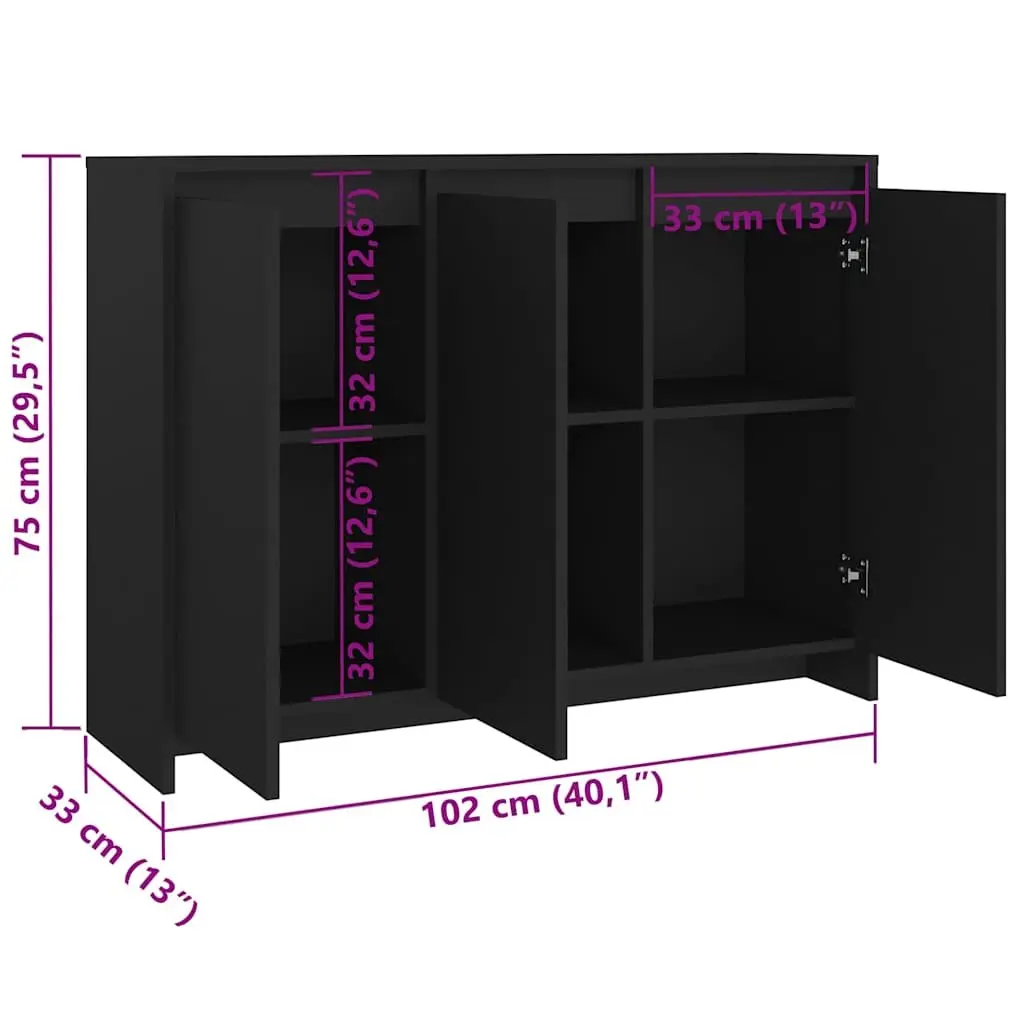 Sideboard Storage Cabinet 3 Door Black Engineered Wood Display Furniture
