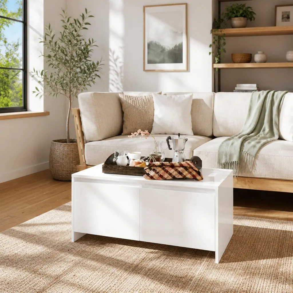 Coffee Table High Gloss White Modern Design 2 Drawers Storage Accent Furniture