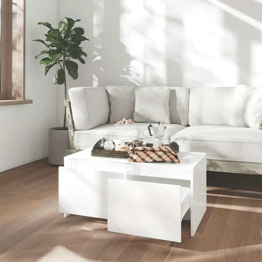Coffee Table High Gloss White Modern Design 2 Drawers Storage Accent Furniture