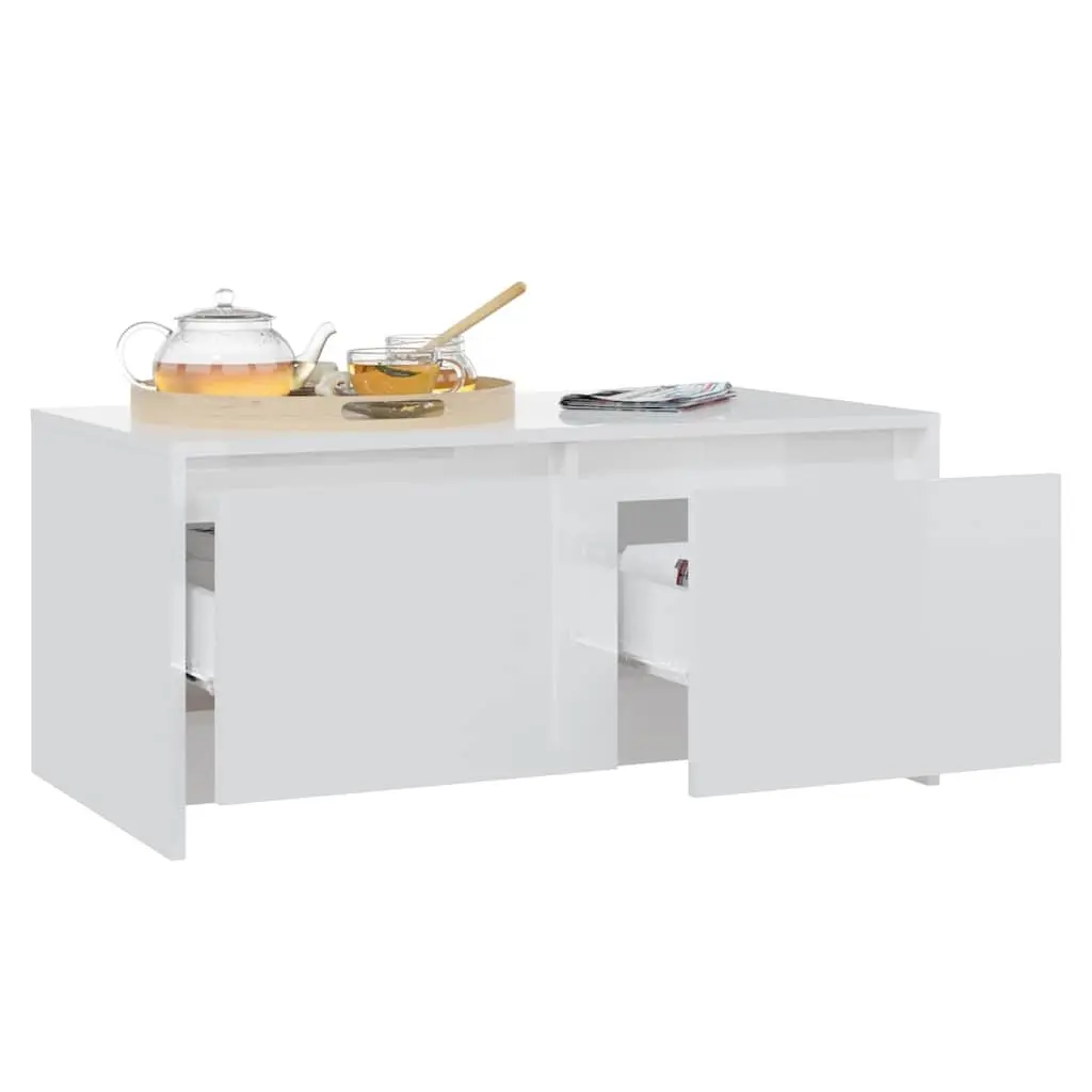 Coffee Table High Gloss White Modern Design 2 Drawers Storage Accent Furniture