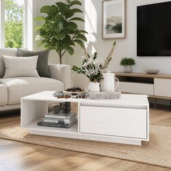 Coffee Table White Solid Pinewood Modern Design Living Room Accent Furniture