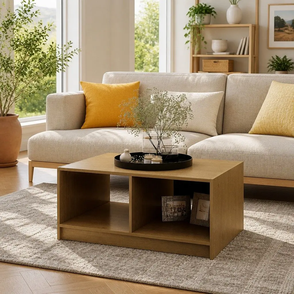 Brown Pinewood Coffee Table with Storage Option