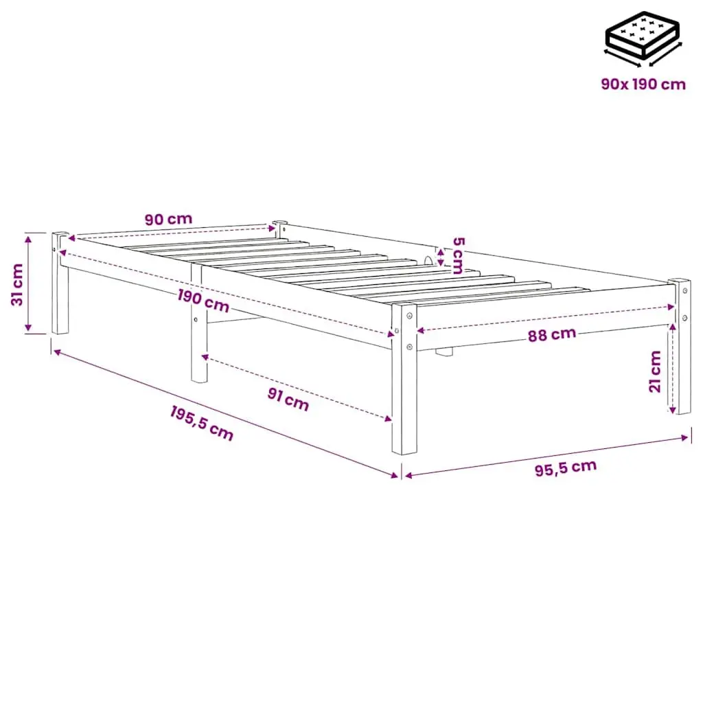 Solid Wood Bed Frame Single 90x190 cm Brown Wooden Bedroom Furniture Slatted