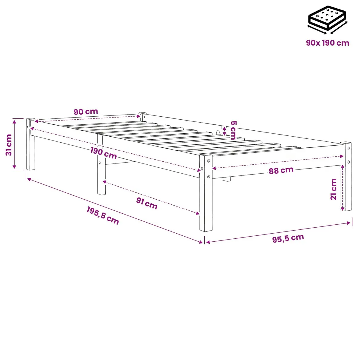 White Solid Pinewood Bed Frame 90x190 cm