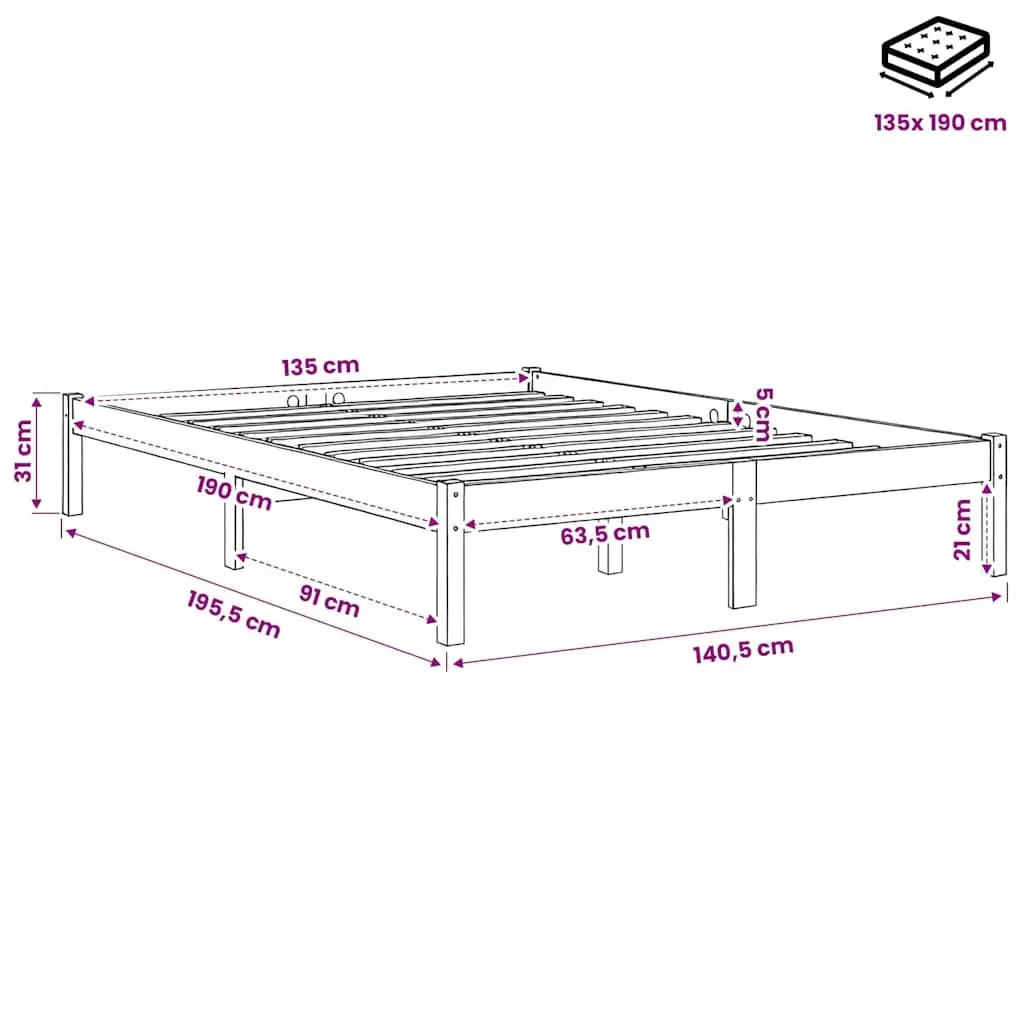 Solid Wood Bed Frame Slatted Base 135x190 cm White