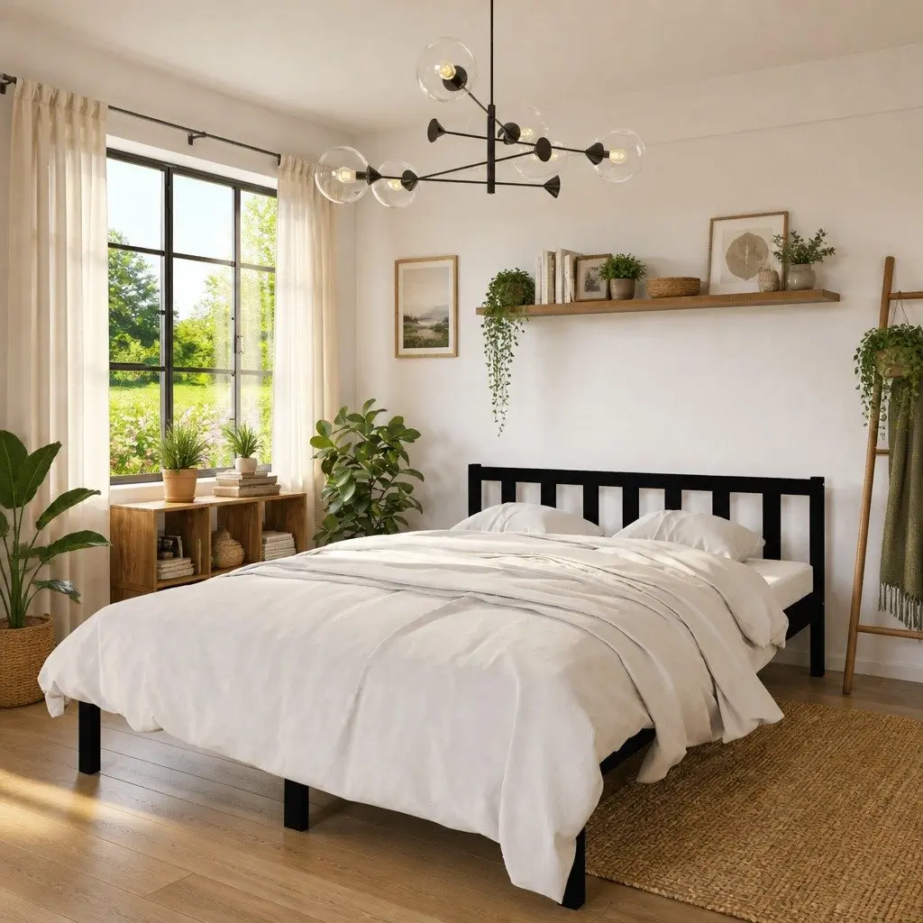 Bed Frame Solid Wood Black 135x190 cm Slatted Base Modern Bedroom Furniture