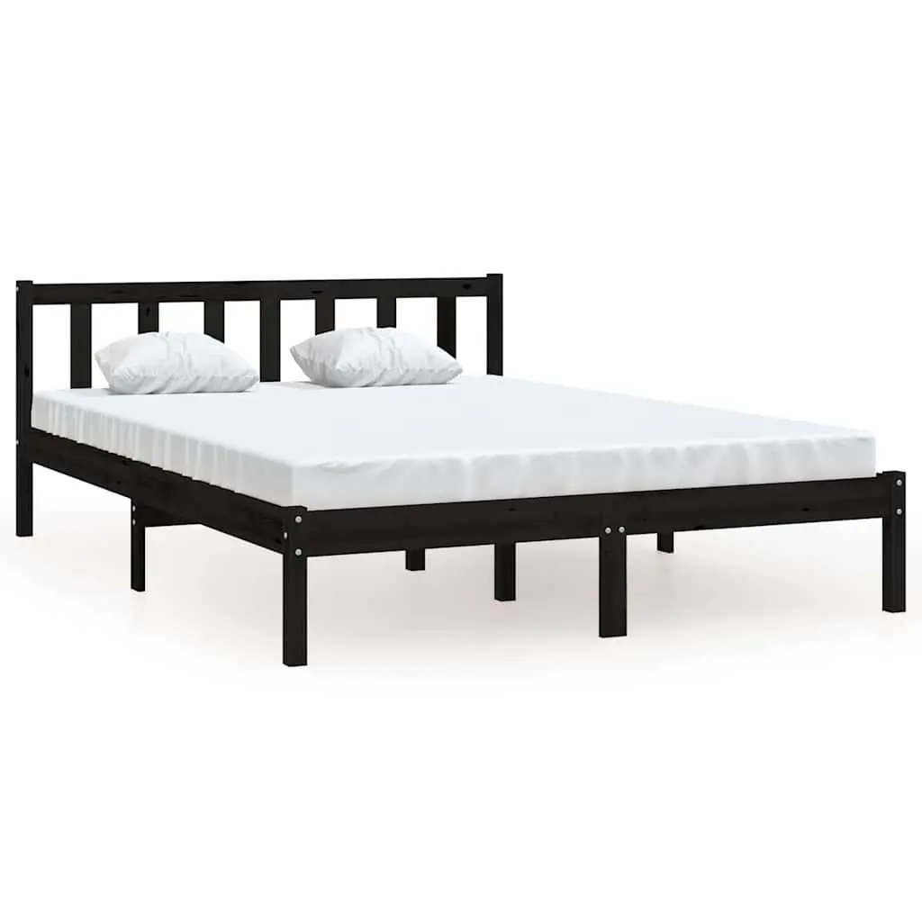 Bed Frame Solid Wood Black 135x190 cm Slatted Base Modern Bedroom Furniture