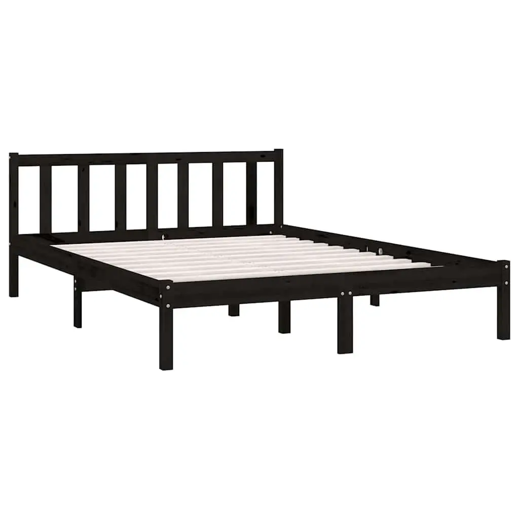 Bed Frame Solid Wood Black 135x190 cm Slatted Base Modern Bedroom Furniture