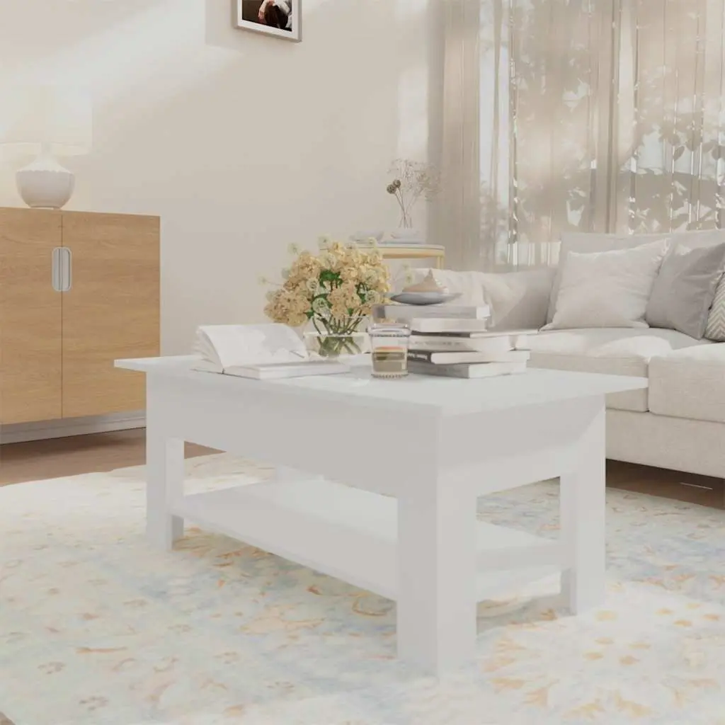 Coffee Table White Modern Two-Tier Design with Storage Shelf for Living Room
