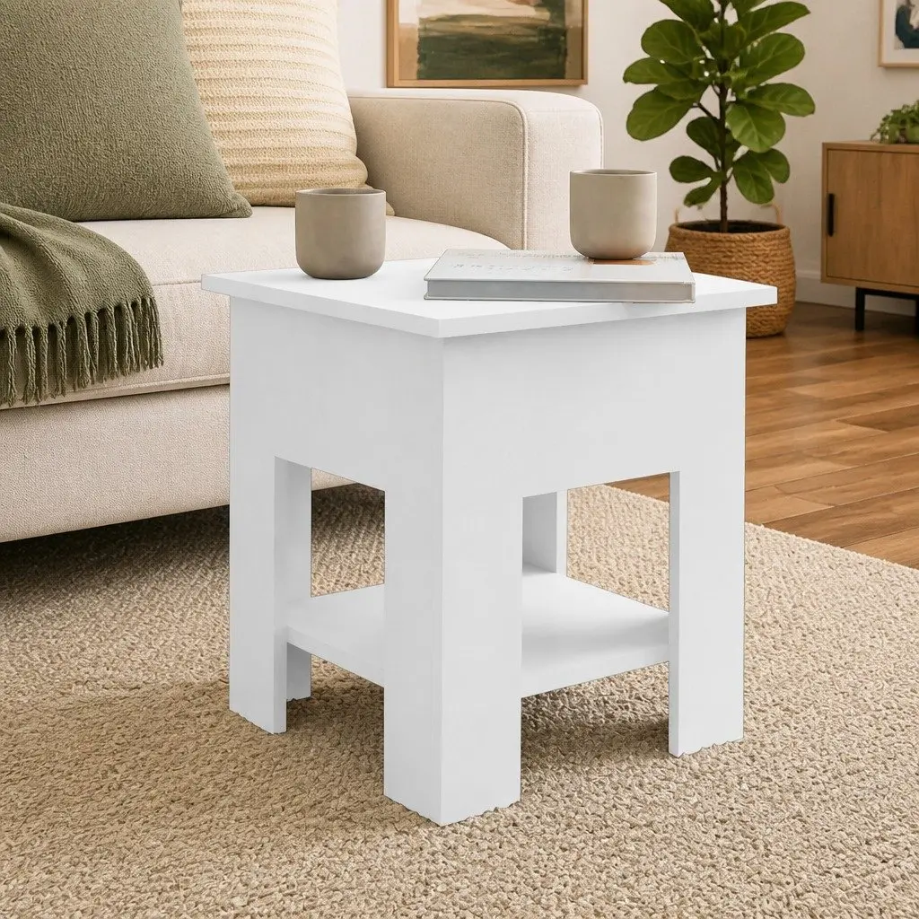 White Coffee Table with Storage Shelf Modern Living Room Side Table 40x40x42cm