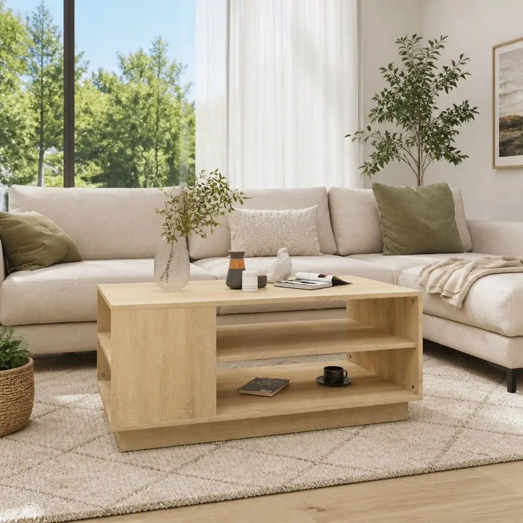Coffee Table with Storage Shelves Brown Modern Living Room Accent Furniture