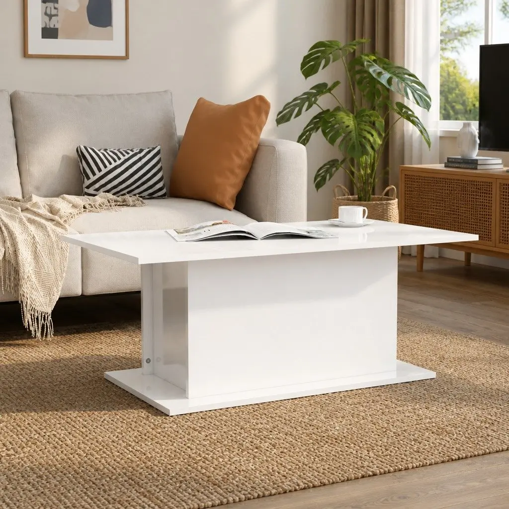Coffee Table High Gloss White Modern Living Room Accent 102x55.5x40cm