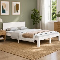 Wooden Bed Frame White 150x200cm Modern Solid Pine Wood Slatted Base Bedroom