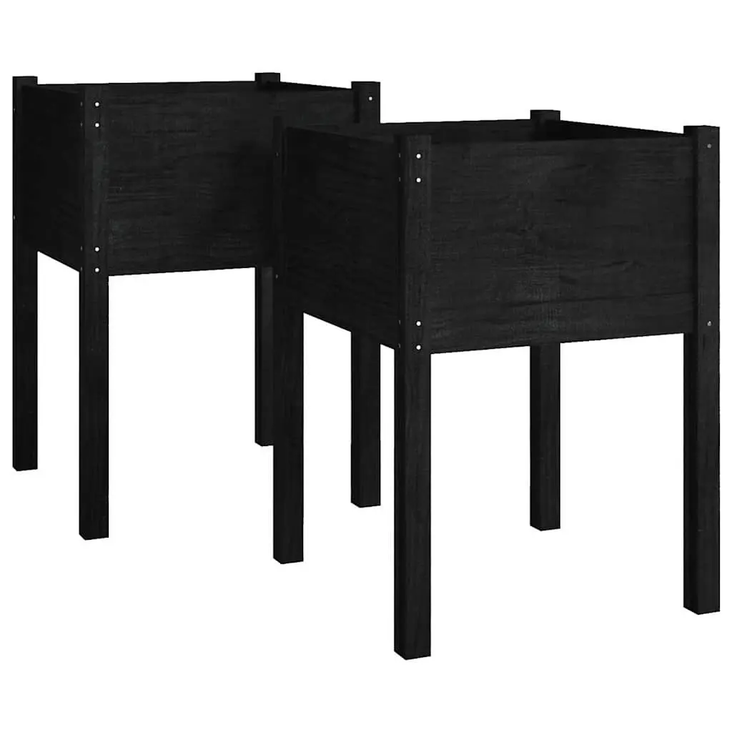 Raised Flower Bed Box Black Wooden Planters 50x50x70 cm Garden 2 Pieces