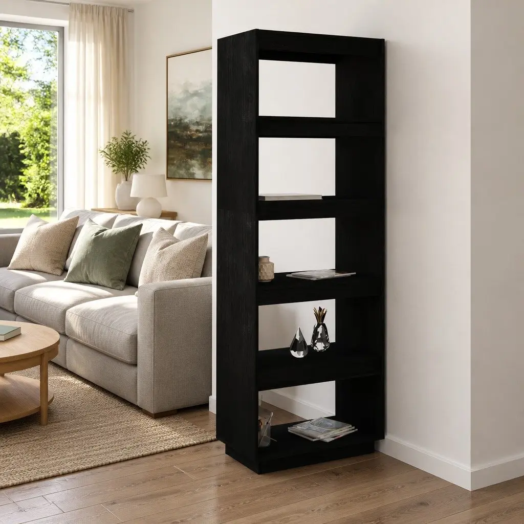Book Cabinet Room Divider Solid Pinewood Shelving Unit Storage 60W x 35D x 167H cm Black
