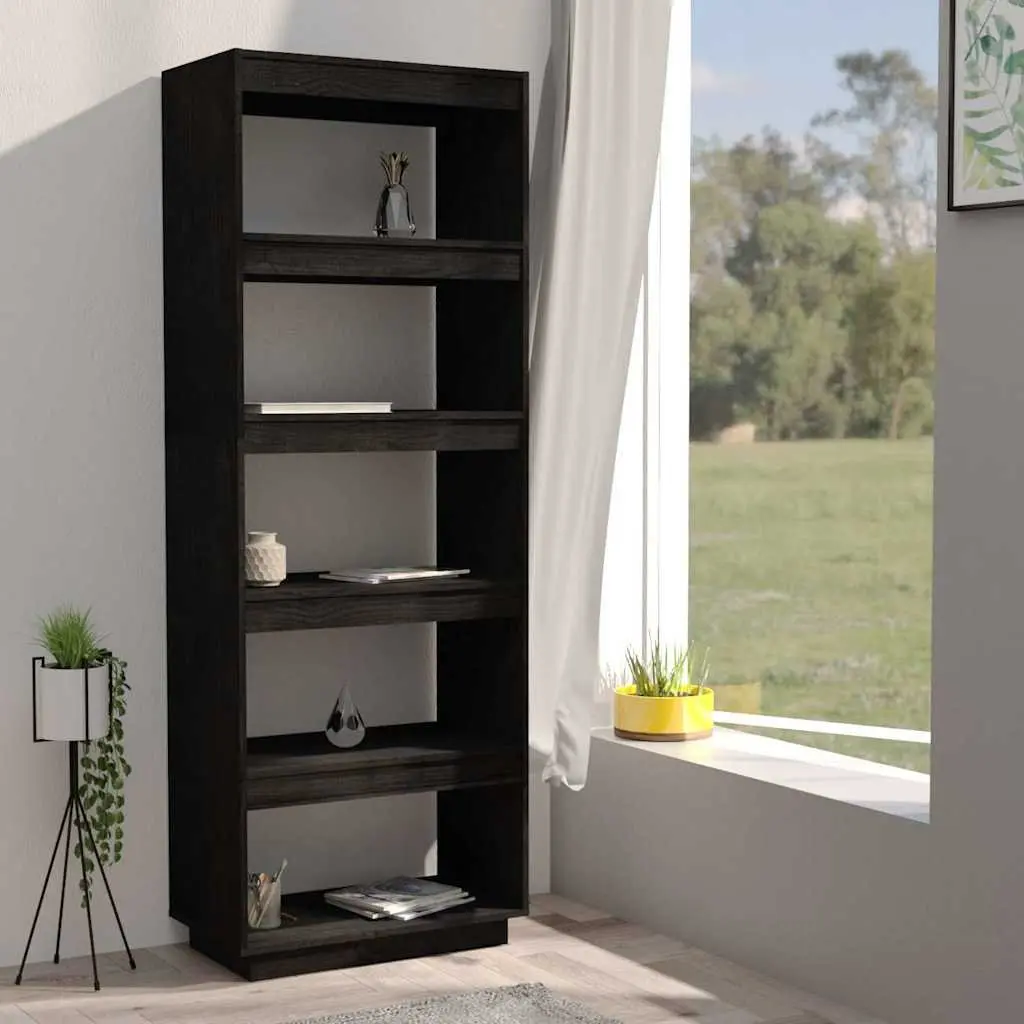 Book Cabinet Room Divider Solid Pinewood Shelving Unit Storage 60W x 35D x 167H cm Black