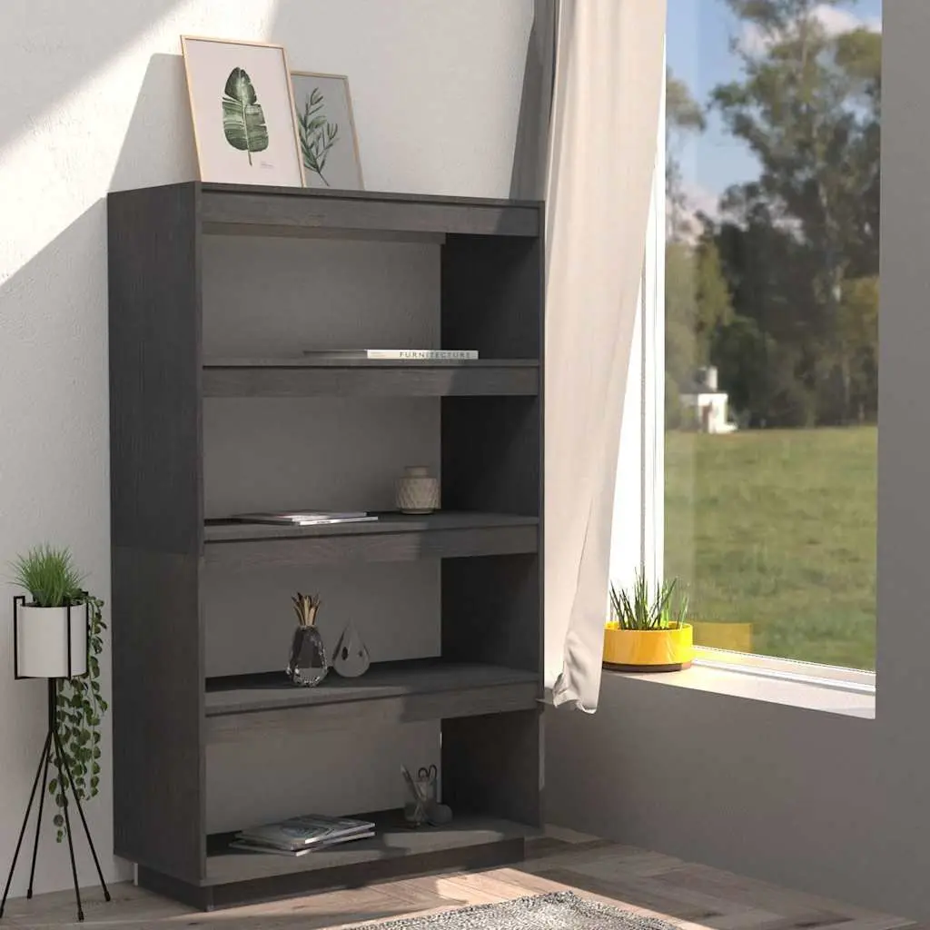 Book Cabinet Room Divider Grey Solid Pinewood Shelving Unit Storage Organizer