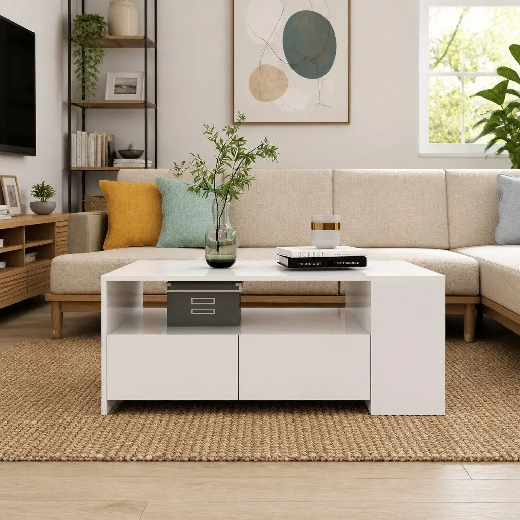 Coffee Table Storage Shelf Drawers Compartments 102cm White