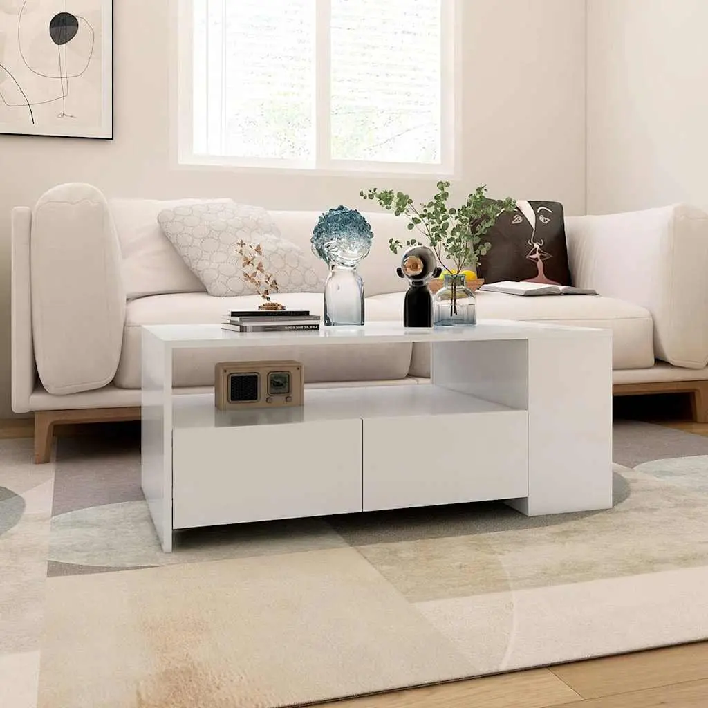 Coffee Table Storage Shelf Drawers Compartments 102cm White