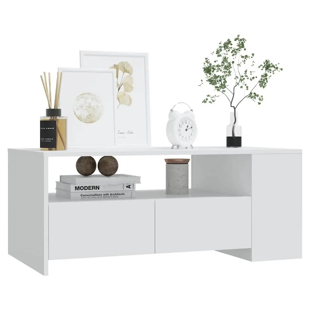 Coffee Table Storage Shelf Drawers Compartments 102cm White