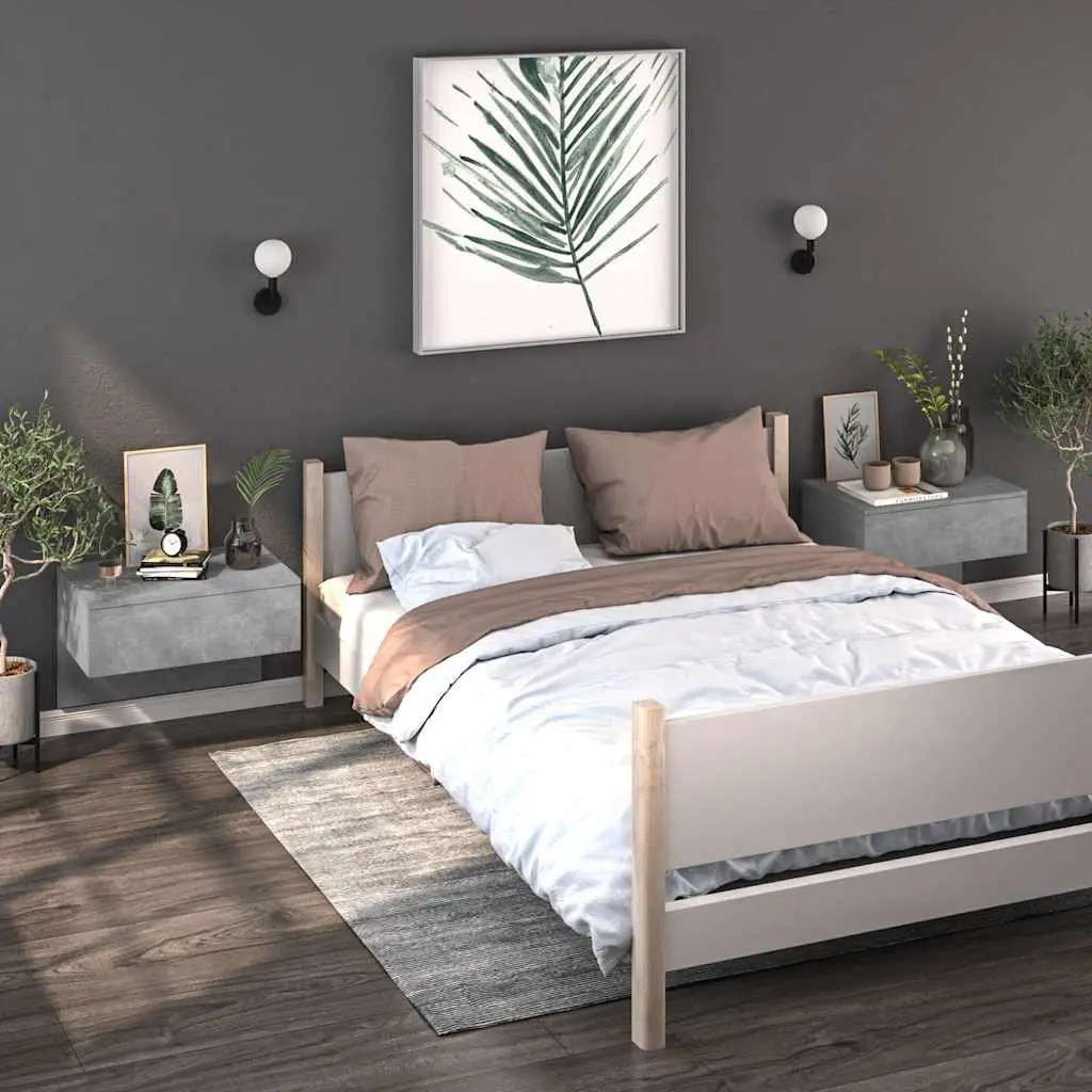 Wall-mounted Bedside Cabinet Grey Floating Storage Unit Engineered Wood