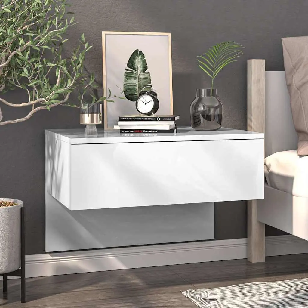 Wall-Mounted Bedside Cabinets Storage Units 2 Piece High Gloss White Floating