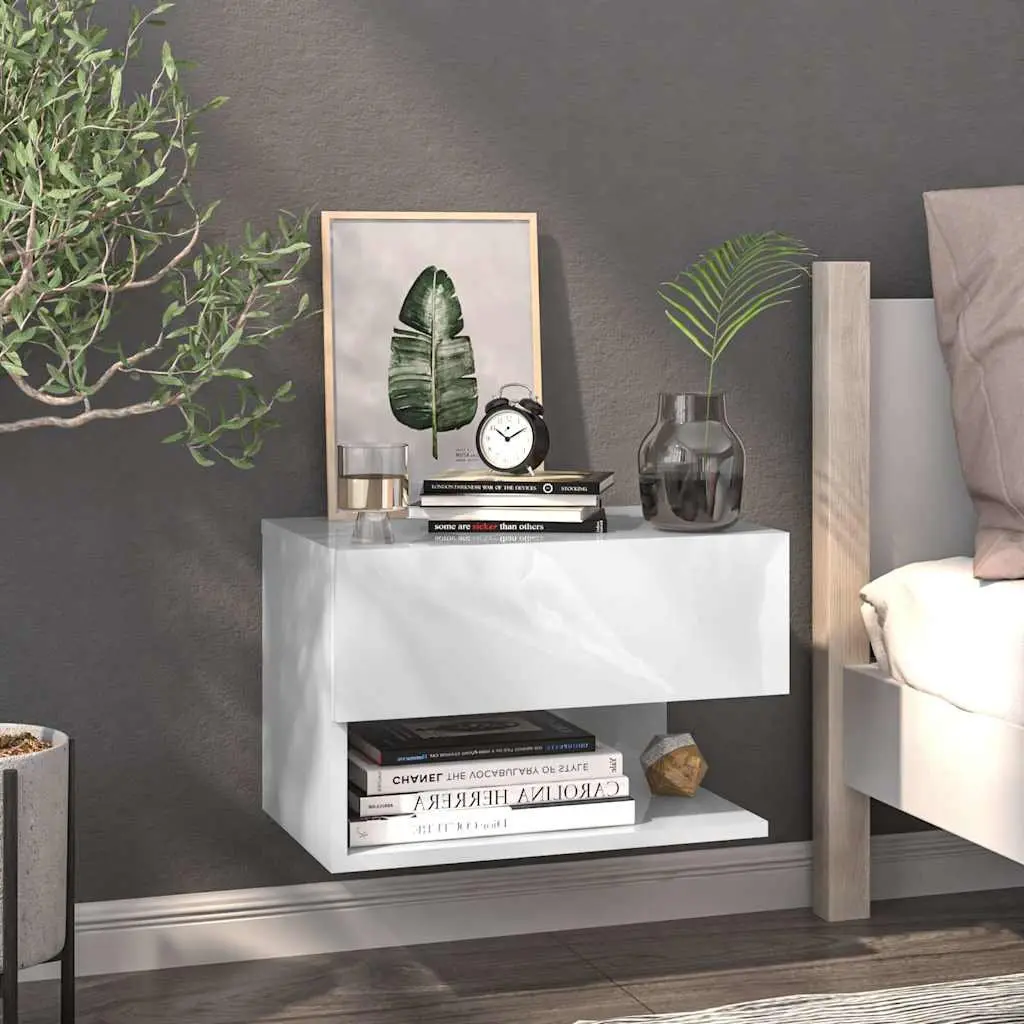 Wall-mounted Bedside Cabinets 2 pcs High Gloss White Floating Storage Unit
