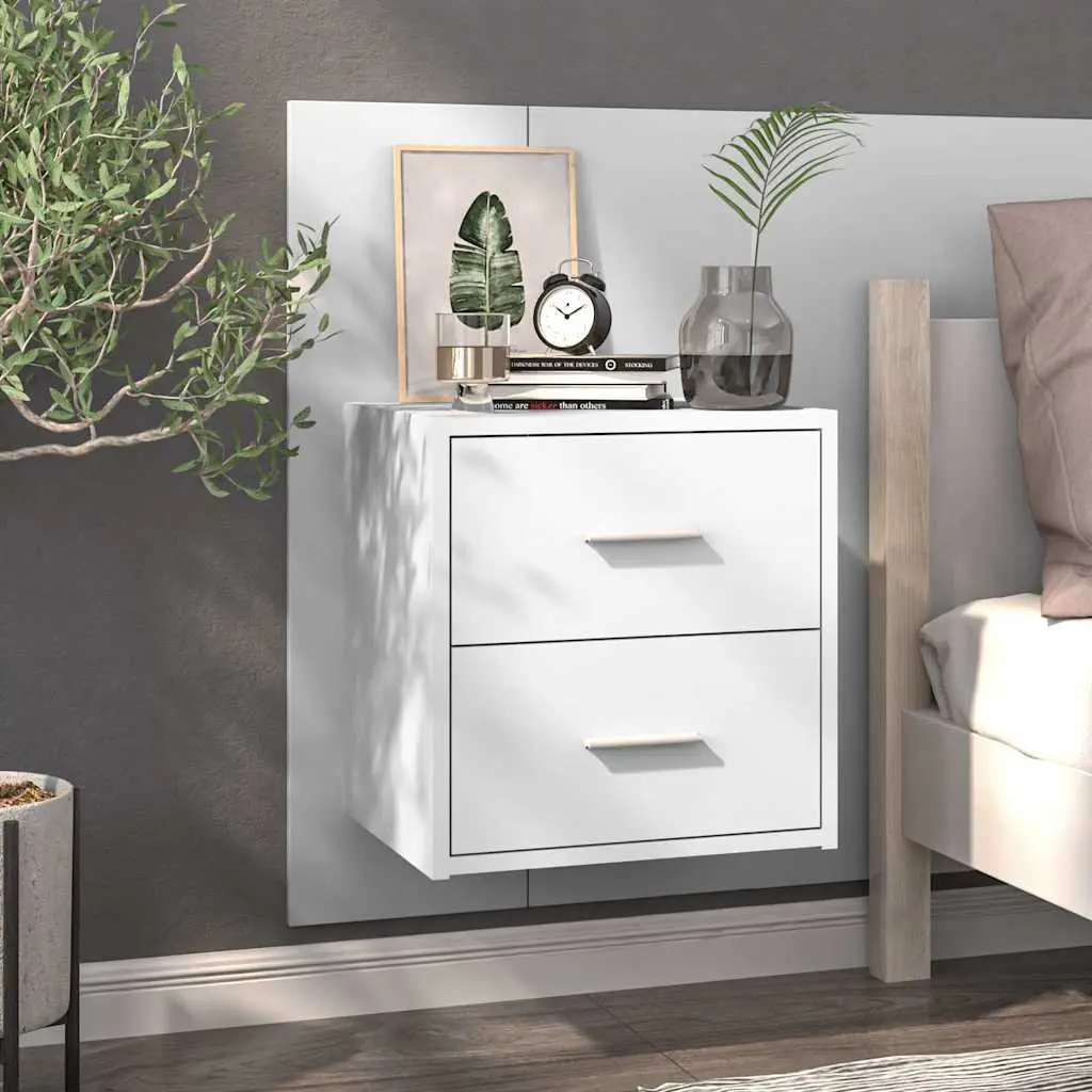 Wall-mounted Bedside Cabinets Floating Storage Drawer 2 Piece High Gloss White
