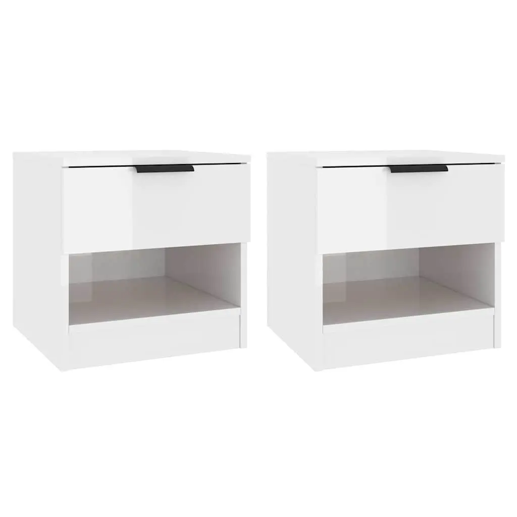 Bedside Cabinets Storage 2 Piece High Gloss White Engineered Wood Nightstands