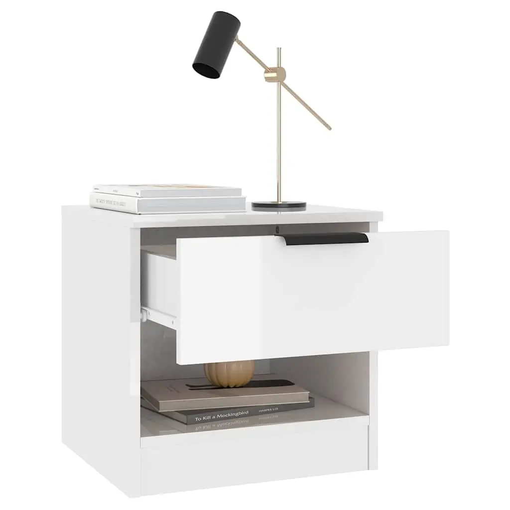 Bedside Cabinets Storage 2 Piece High Gloss White Engineered Wood Nightstands
