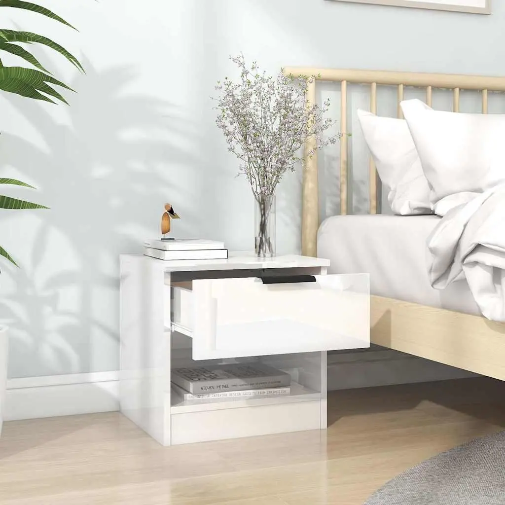 Bedside Cabinets Storage 2 Piece High Gloss White Engineered Wood Nightstands