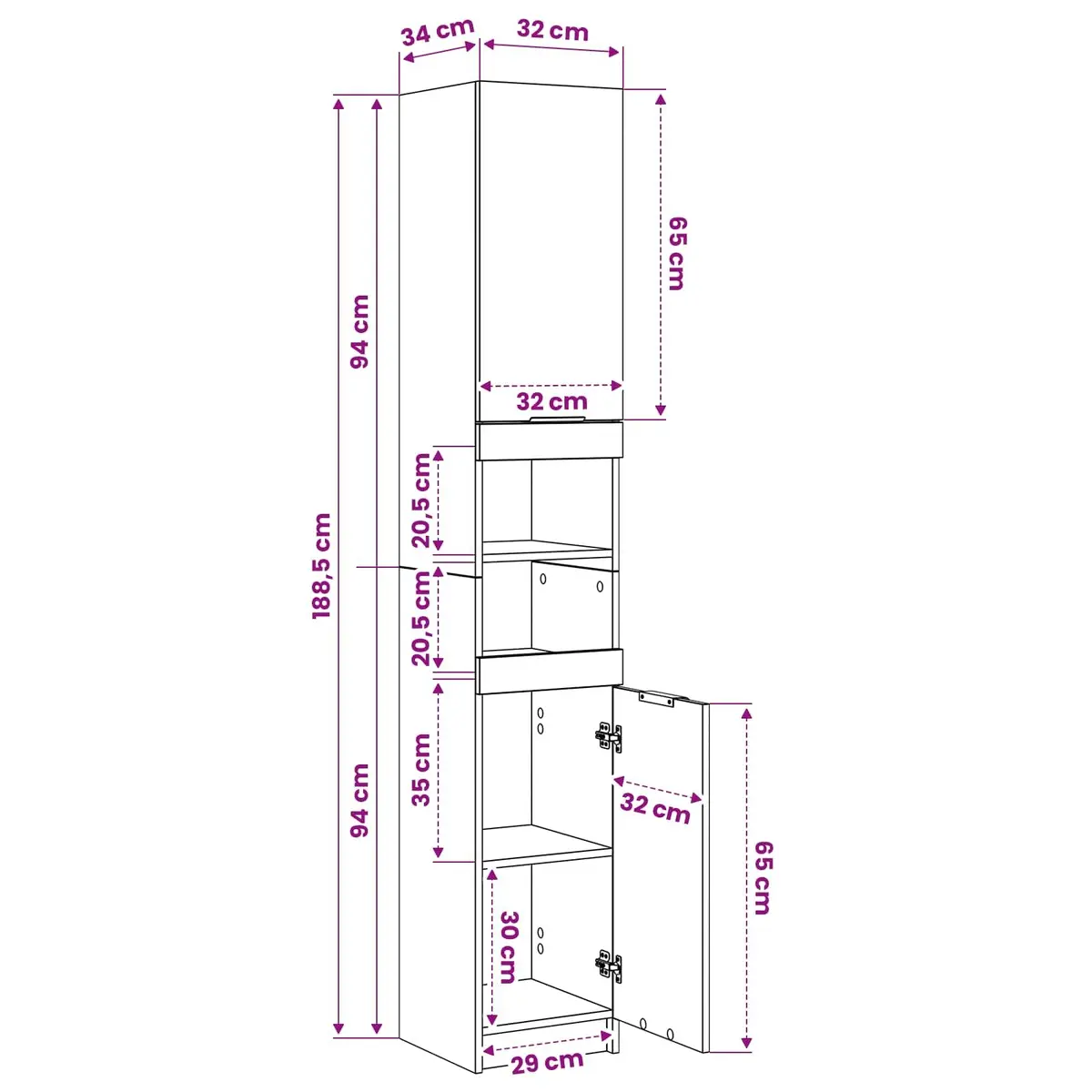 Bathroom Cabinet Storage Unit Engineered Wood 32x34x188.5cm White
