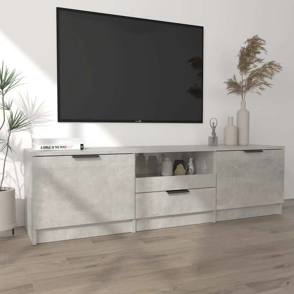 TV Cabinet Grey Engineered Wood Storage Unit Three Compartments Drawer Modern