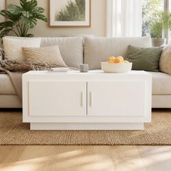White Coffee Table with Storage Doors Accent Table Living Room Furniture