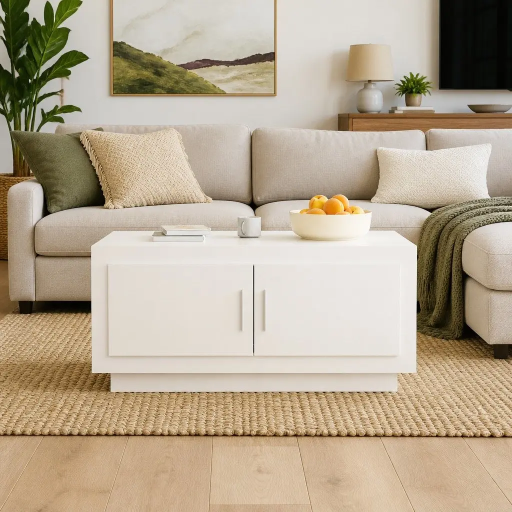 Coffee Table Storage 2 Door White High Gloss Living Room Furniture 102 x 50 x 45 cm