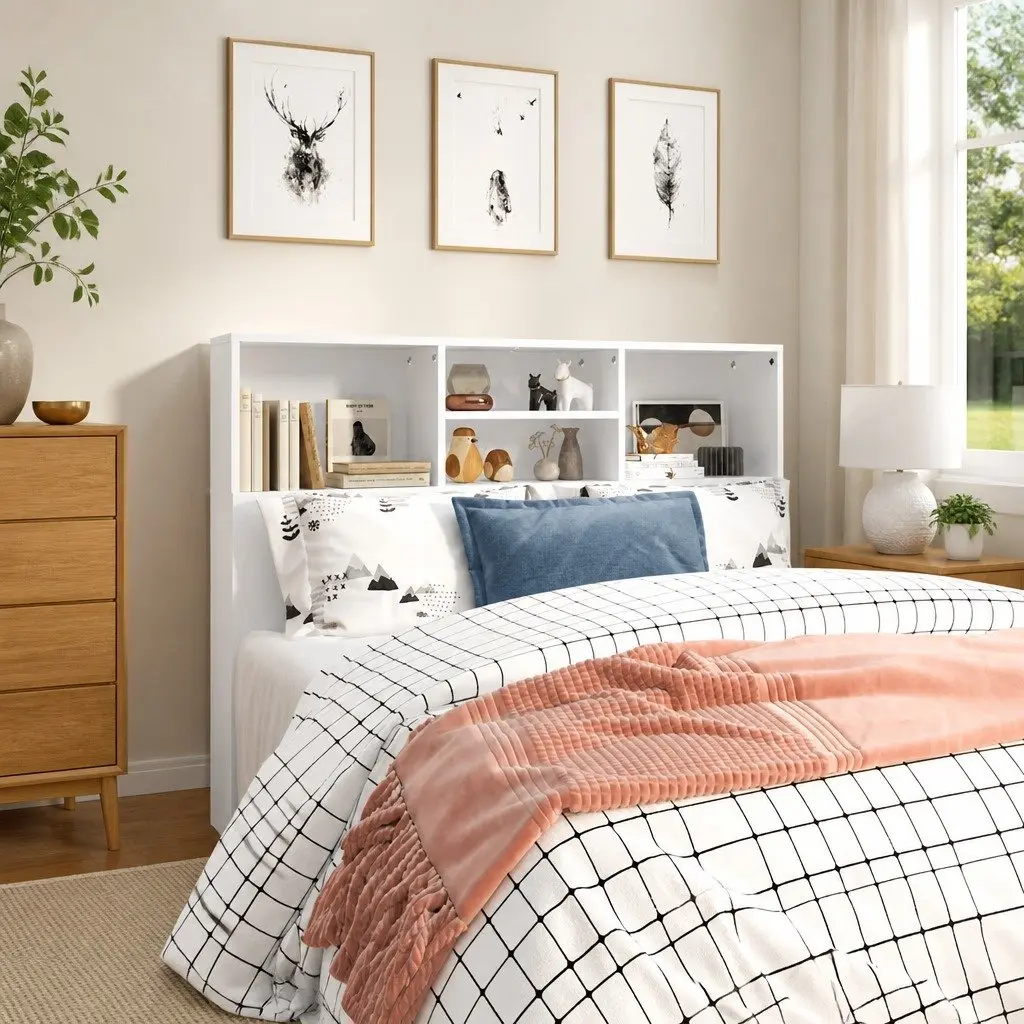 Headboard Cabinet White 120cm Bedroom Wall Storage Organiser