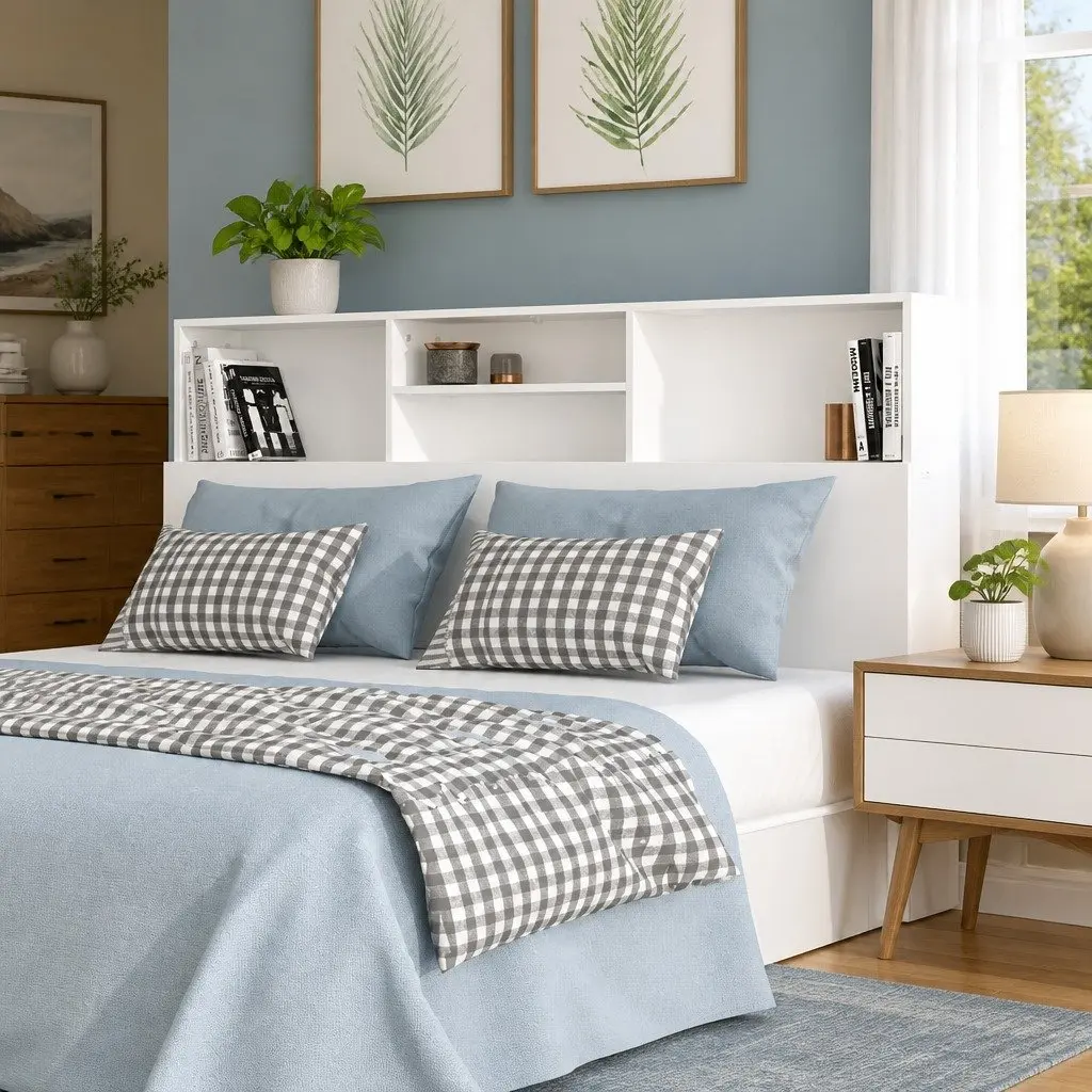 Headboard Cabinet White 160cm Wall-Mount Bedroom Storage Bookcase