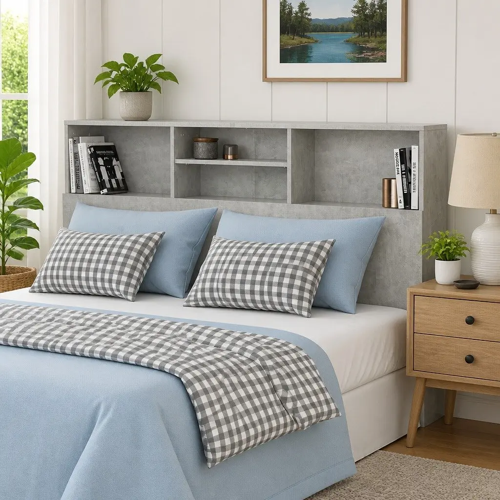 Grey Wall-Mounted Headboard Cabinet for Bedrooms